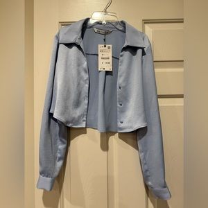 Zara Blue Satin Cropped Button Up